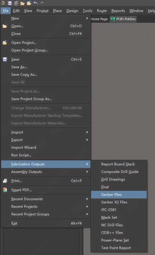 مسیر منو Gerber Files در Altium 24
