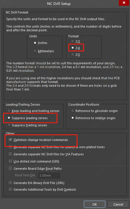 پنجره تنظیمات NC Drill در Altium 24