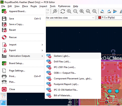 مسیر منو Fabrication Outputs در KiCad 9